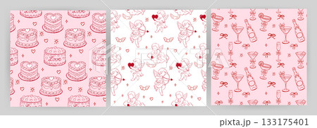 Seamless cake pattern with hearts and cute details Seamless cake pattern with hearts and cute details 133175401