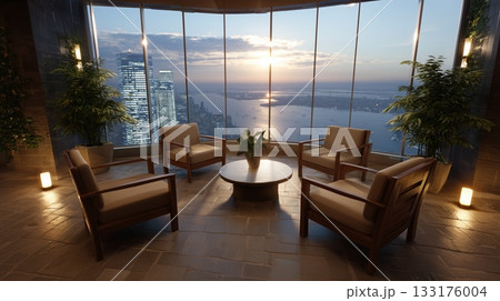 Luxurious lounge with panoramic city and water views at sunset 133176004