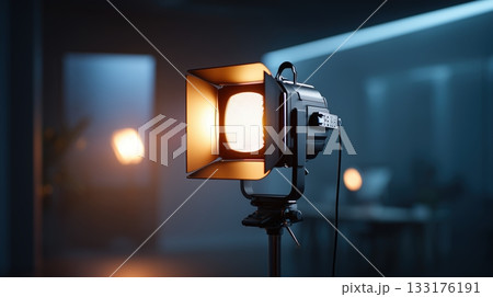Professional studio spotlight illuminating a dark, blurred background with a warm glow 133176191