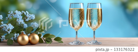 Two champagne flutes with golden bubbles, festive decoration, blue flowers, and golden baubles on a wooden table 133176322
