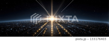 Global digital network with bright light ascending into starry space Global digital network with bright light ascending into starry space 133176403