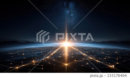 Global Digital Network with Bright Light Beam Reaching Starry Night Sky Global Digital Network with Bright Light Beam Reaching Starry Night Sky 133176404