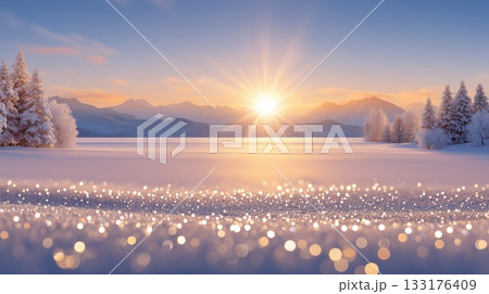 Golden sunrise illuminates a serene winter...のイラスト素材 [133176409] - PIXTA