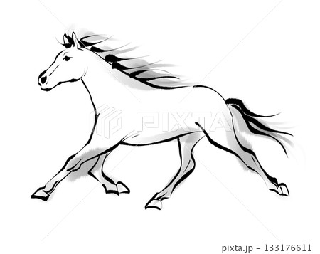 墨絵風の走る馬のイラスト　2026年・午年向け年賀状　和風デザイン 133176611