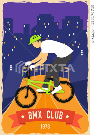 Bmx extreme sport club poster, banner, magazine template. Vector. Concept for shirt, logo, print, stamp, tee with man ride on a sport bicycle. Vintage typography design with bmx cyclist silhouette. Bmx extreme sport club poster, banner, magazine template. Vector. Concept for shirt, logo, print, stamp, tee with man ride on a sport bicycle. Vintage typography design with bmx cyclist silhouette. 133176719