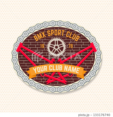 Bmx extreme sport club badge, patch, sticker. Vector. Concept for shirt, logo, print, stamp, tee with frames, chain. Vintage typography design with bmx frames, sprocket silhouette. Bmx extreme sport club badge, patch, sticker. Vector. Concept for shirt, logo, print, stamp, tee with frames, chain. Vintage typography design with bmx frames, sprocket silhouette. 133176740
