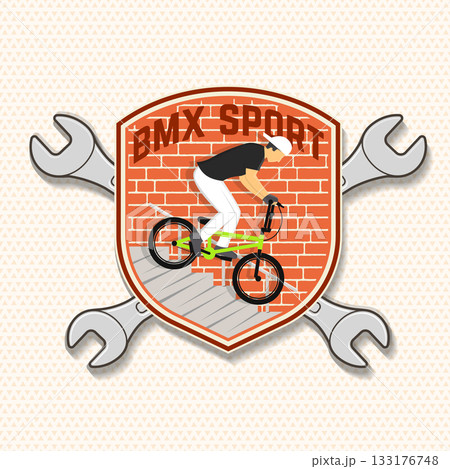 Bmx extreme sport club badge, patch, sticker. Vector. Concept for shirt, logo, print, stamp, tee with man ride on a sport bicycle. Vintage typography design with wrench, bmx cyclist silhouette. Bmx extreme sport club badge, patch, sticker. Vector. Concept for shirt, logo, print, stamp, tee with man ride on a sport bicycle. Vintage typography design with wrench, bmx cyclist silhouette. 133176748