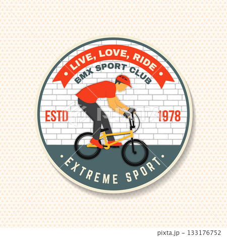 Bmx extreme sport club badge, patch, sticker. Vector. Concept for shirt, logo, print, stamp, tee with man ride on a sport bicycle. Vintage typography design with bmx cyclist silhouette. 133176752