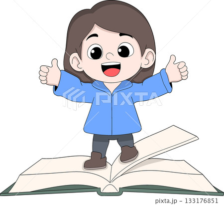 Educational Mascot Girl Standing on Big Book Children Learning Vector Illustration 133176851