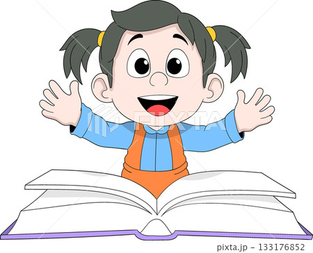 Girl Inviting to Read on Big Open Book Education Cartoon Vector Illustration 133176852
