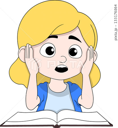 Surprised Girl Reading Book  Education and Emotion Cartoon Vector Illustration 133176864