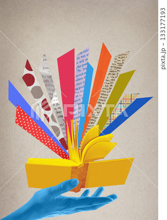 Human hand and open books over abstract background. Contemporary art collage. Concept of education, reading, knowledge. Design 133177193