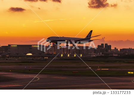 黄昏時の着陸（福岡空港） 133177233