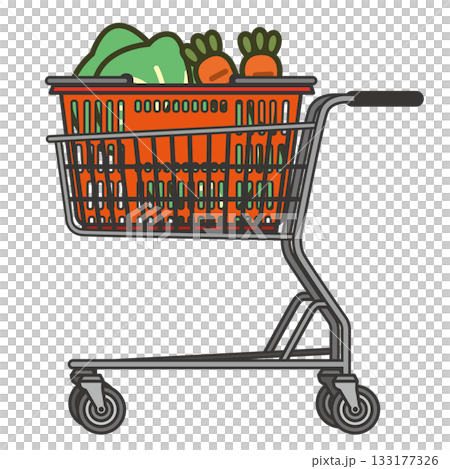 オレンジ色の買い物かごを載せたショッピングカートのイラスト(人参・キャベツ入り) オレンジ色の買い物かごを載せたショッピングカートのイラスト(人参・キャベツ入り) 133177326