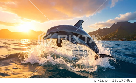 夕日を背に跳ねるイルカ1 133177466