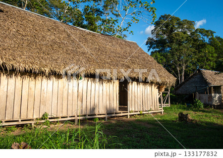 Traditional hut in Siona indigenous village, Cuyabeno Reserve, Amazonia, Ecuador Traditional hut in Siona indigenous village, Cuyabeno Reserve, Amazonia, Ecuador 133177832