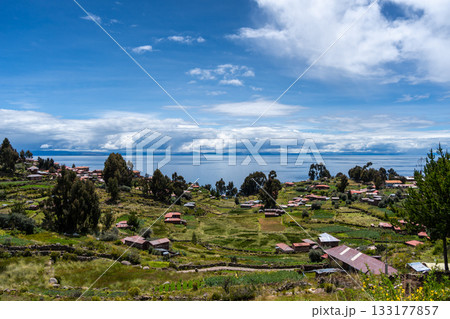 Houses and cultivated fields on Taquile Island, Lake Titicaca, Peru 133177857