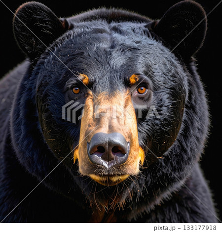 Black bear portrait with shiny dark fur and amber eyes Black bear portrait with shiny dark fur and amber eyes 133177918