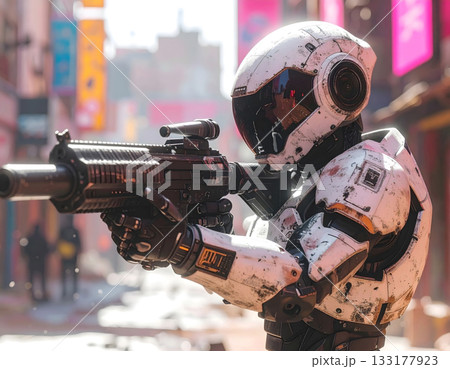 Police robot patrolling street with futuristic weapon in hands 133177923
