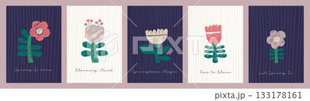 Spring Floral Card set. Crayon Flowers with Leaves. Textured Hand-Drawn. Isolated Primitive botanical Vertical posters with slogan phrase. Vector illustration. Not AI Spring Floral Card set. Crayon Flowers with Leaves. Textured Hand-Drawn. Isolated Primitive botanical Vertical posters with slogan phrase. Vector illustration. Not AI 133178161