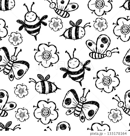 Insects and Flowers Seamless Pattern Doodle. Hand-Drawn Cute Bees and Butterflies on White Background. Textured Vector illustration. Kids collection. Not AI Insects and Flowers Seamless Pattern Doodle. Hand-Drawn Cute Bees and Butterflies on White Background. Textured Vector illustration. Kids collection. Not AI 133178164