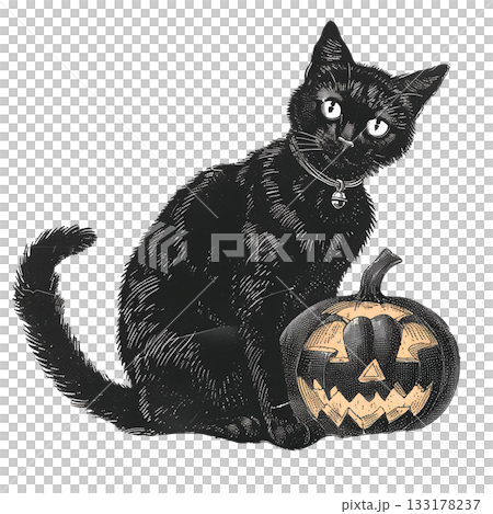 Vintage illustration of a black cat with pumpkin for Halloween Vintage illustration of a black cat with pumpkin for Halloween 133178237