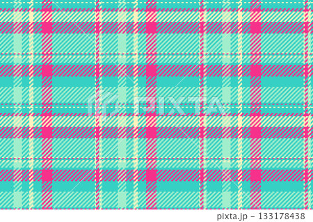 Vibrant plaid pattern featuring turquoise, pink, and cream hues. A versatile, eyecatching textile design ideal for backgrounds, apparel, crafts,  digital projects. 133178438
