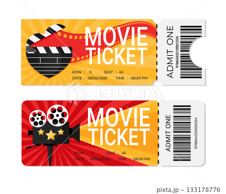 Bright movie tickets design with heart shaped clapperboard and movie camera. Cinema ticket design with barcode. Vector illustration Bright movie tickets design with heart shaped clapperboard and movie camera. Cinema ticket design with barcode. Vector illustration 133178776