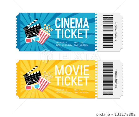 Modern movie and cinema ticket design decorated with clapperboard, popcorn bucket and 3d glasses. Cinema ticket design with barcode 133178808