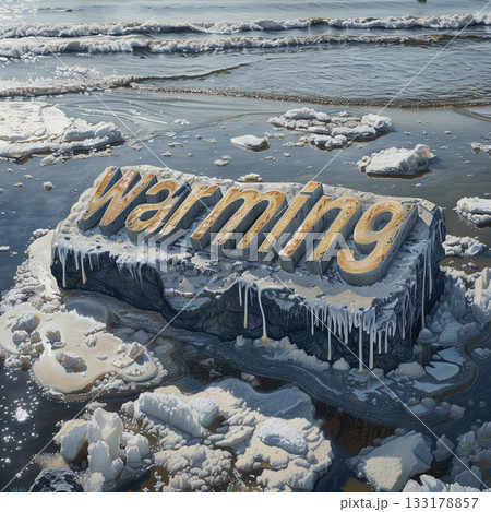 Ice block with word "Warming" on water. Concept of global warming, melting glaciers and sea-level rise Ice block with word "Warming" on water. Concept of global warming, melting glaciers and sea-level rise 133178857