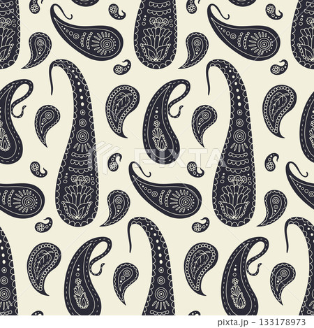 Hand drawn black and cream intricate Paisley silhouette seamless pattern on bright background 133178973