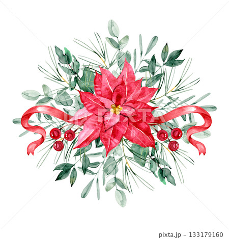 Watercolor poinsettia bouquet with pine branches, berries and ribbon. Classic Christmas floral illustration for holiday cards, invitations, decor, packaging and winter design projects. 133179160