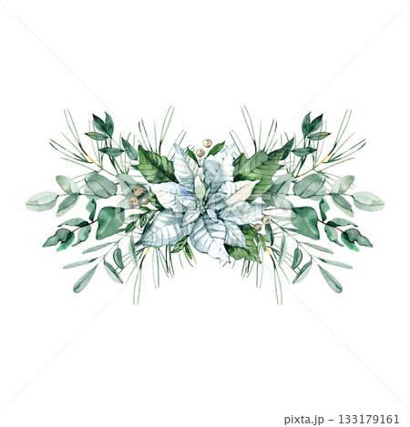 Watercolor white poinsettia with eucalyptus and pine branches in an elegant Christmas floral arrangement. Perfect for holiday cards, winter invitations, festive decor and seasonal design projects. 133179161