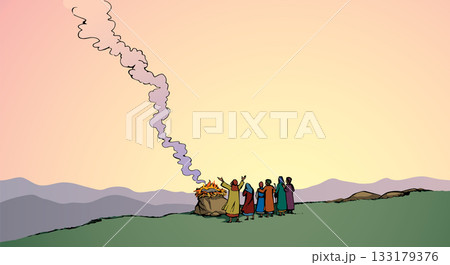 Vector drawing. Noah Offers a Sacrifice to God Vector drawing. Noah Offers a Sacrifice to God 133179376
