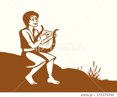 Vector drawing. Guy playing the harp 133179390