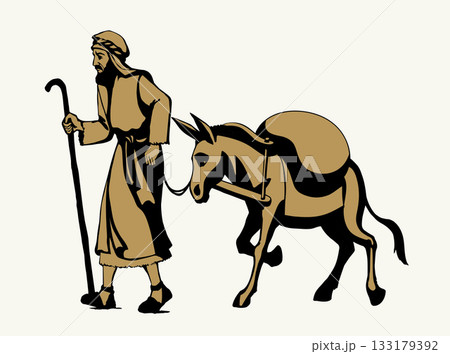 Vector drawing. Donkey loaded with cargo 133179392