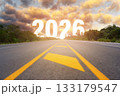 Long road leading toward bright horizon with large number 2026, symbolizing new year, and future journey. Perfect  concepts of goal setting, vision, achievement, progress, and new beginnings. 133179547