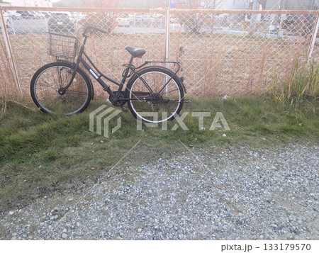 金網フェンスと雑草の間に放置された、サビた自転車 133179570