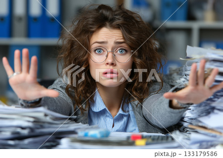 Office worker feels overwhelmed by a mountain of paperwork in the workplace 133179586