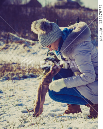 Woman playing with dog during winter Woman playing with dog during winter 133179772