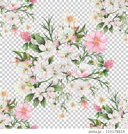 Seamless watercolor floral pattern. White apple blossoms, pink cosmos, clover, daisies, green leaves. Isolated on a white background. Illustration for textiles, wallpaper, wrapping paper Seamless watercolor floral pattern. White apple blossoms, pink cosmos, clover, daisies, green leaves. Isolated on a white background. Illustration for textiles, wallpaper, wrapping paper 133179814