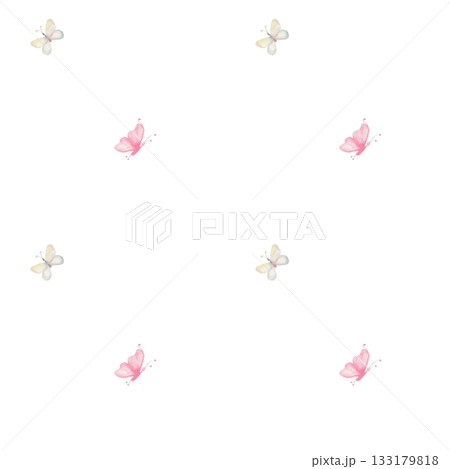Delicate seamless pattern with white and pink watercolor butterflies. Hand painted pastel insect illustration on a white background. Elegant and feminine design for romantic wallpaper and textiles Delicate seamless pattern with white and pink watercolor butterflies. Hand painted pastel insect illustration on a white background. Elegant and feminine design for romantic wallpaper and textiles 133179818
