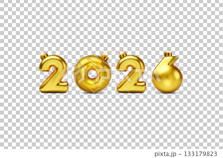 Golden christmas and new year ornaments for 2026, featuring shiny baubles with numbers, isolated for holiday designs 133179823