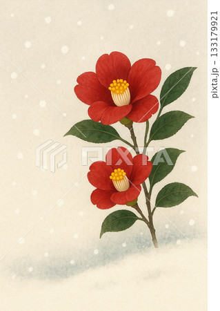 椿の花と雪景色を合わせた冬の年賀状 133179921