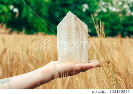 Hand holding a wooden house model in a golden wheat field under a bright blue sky Hand holding a wooden house model in a golden wheat field under a bright blue sky 133180847