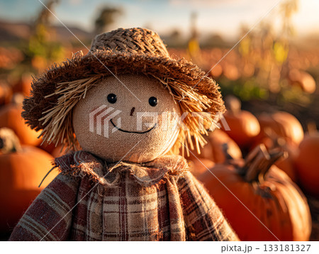 Scarecrow with straw hat and plaid shirt surrounded by pumpkins in a vibrant autumn field Scarecrow with straw hat and plaid shirt surrounded by pumpkins in a vibrant autumn field 133181327