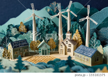 Paper cut landscape with wind turbines, houses, and trees in a colorful, artistic scene Paper cut landscape with wind turbines, houses, and trees in a colorful, artistic scene 133181375