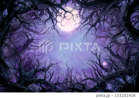 Dark, eerie forest with twisted branches and a glowing full moon creating a Halloween atmosphere Dark, eerie forest with twisted branches and a glowing full moon creating a Halloween atmosphere 133181426