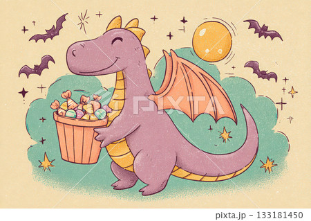 Cute dragon character holding a bucket of candy in a whimsical Halloween-themed illustration Cute dragon character holding a bucket of candy in a whimsical Halloween-themed illustration 133181450