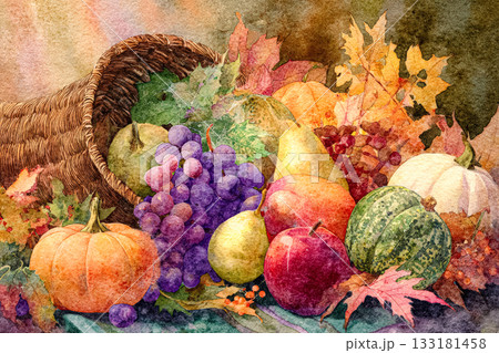 Colorful harvest arrangement with cornucopia filled with fruits and autumn leaves for Thanksgiving celebration 133181458